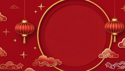 Chinese New Year 2025 Banner &ndash; Traditional Red Greeting Card with Lanterns and Circle Frame for Product Display, cultural Chinese design, Lunar new year