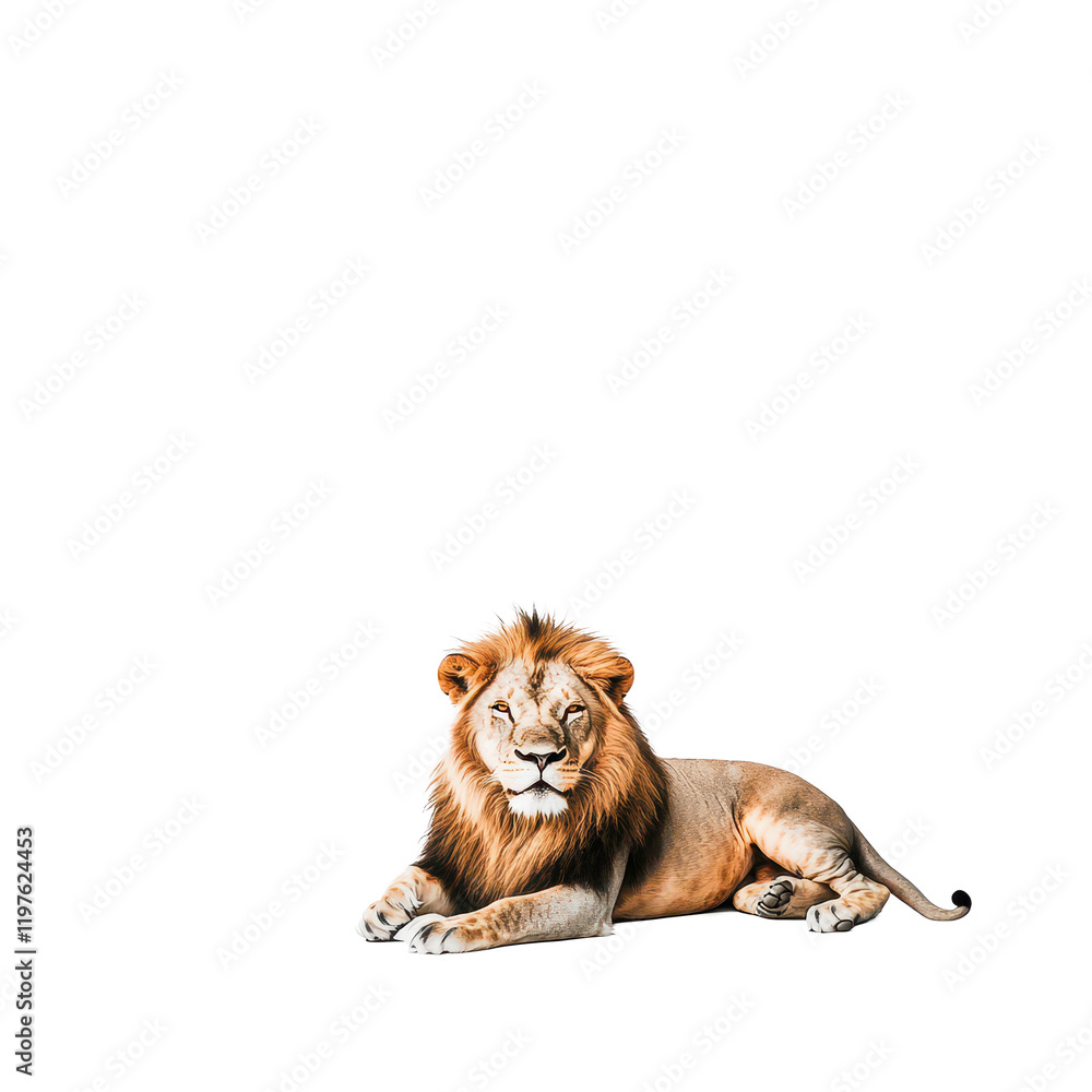 Poster lion resting calmly on a soft transparent background in a serene and tranquil setting, a lion laying