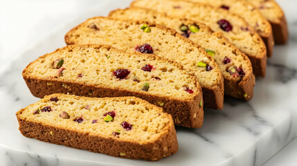 A clean presentation of golden biscotti slices with visible pistachio and cranberry pieces, arranged on a marble tray