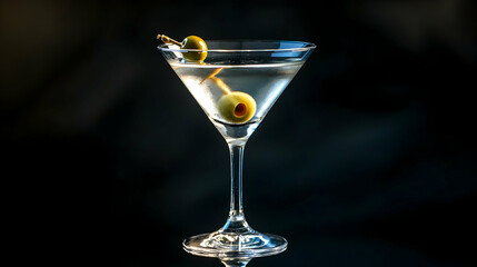 A clear martini glass with an olive garnish, set against a moody black background with dramatic lighting highlighting the glass and drink