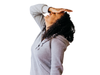 Woman In Gray Sweater With Hand Covering Face On A Transparent Background