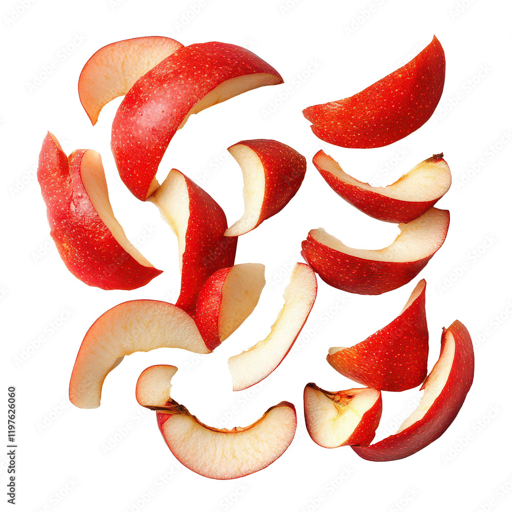 Poster sliced apple peels curling into vibrant swirls isolated on a clean transparent background, apple cur