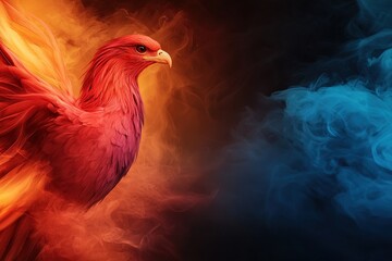 Fototapeta premium goal of life concept A vibrant phoenix emerges from colorful smoke, symbolizing rebirth and transformation in a dynamic blend of red and blue tones.