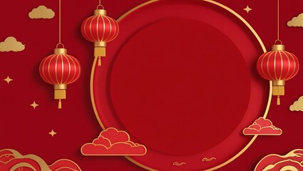 Chinese New Year 2025 Banner &ndash; Traditional Red Greeting Card with Lanterns and Circle Frame for Product Display, cultural Chinese design, Lunar new year
