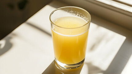 A crystal-clear glass of fresh pear juice with a pale yellow hue, placed on a white tabletop with bright daylight