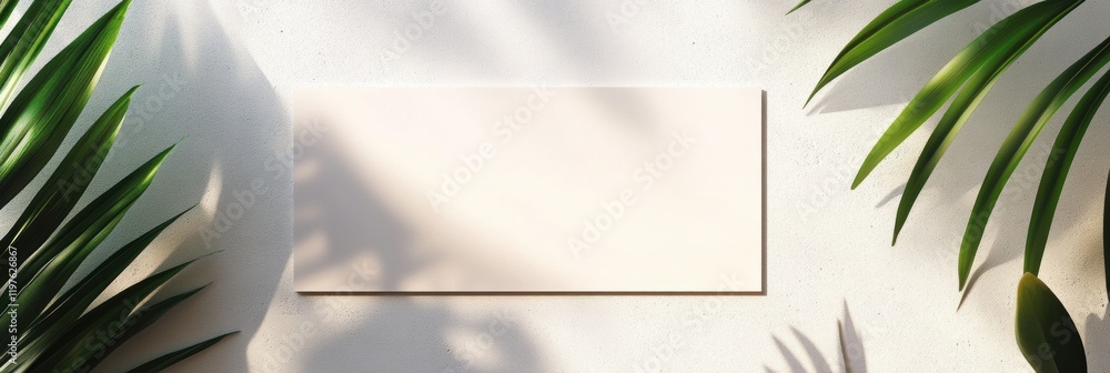 Poster empty space for text surrounded by green leaves against a light wall in a calm indoor environment. g