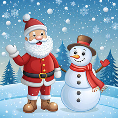 Jolly Santa Claus Snowman Winter Festive Holiday Cheer Snow Scene Illustration Fun Red Gift Blue    