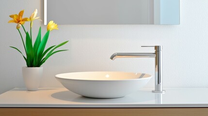 Fototapeta premium bathroom and cabinet concept. Modern bathroom sink with a stylish faucet and decorative plant arrangement.