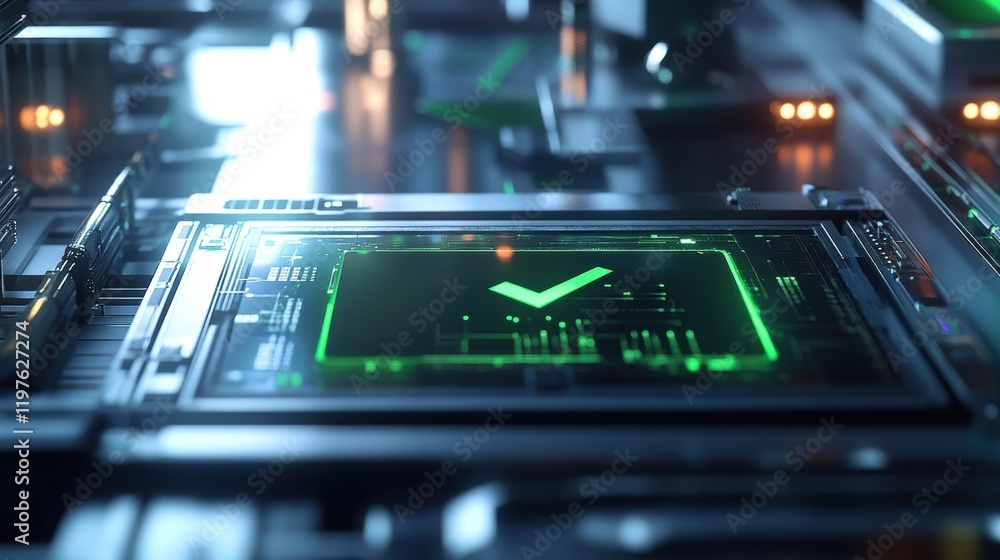Poster a closeup of a digital tablet with a clear green checkmark is positioned against the backdrop of a h