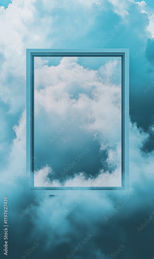 Poster Cloudy sky with an empty frame for text in a serene blue atmosphere and soft fluffy clouds in the background. Generative AI
