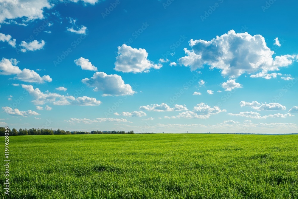 Aufkleber expansive green field under a bright blue sky with fluffy clouds creating a serene outdoor atmospher