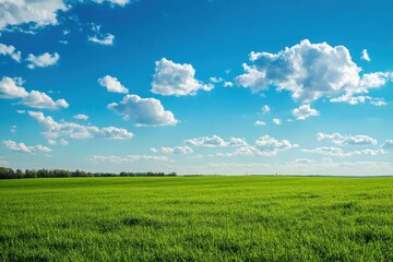 Obraz premium Expansive green field under a bright blue sky with fluffy clouds creating a serene outdoor atmosphere. Generative AI