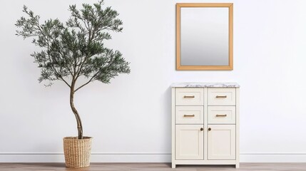bathroom and cabinet concept. Minimalist interior featuring a cabinet, mirror, and potted tree against a plain wall.