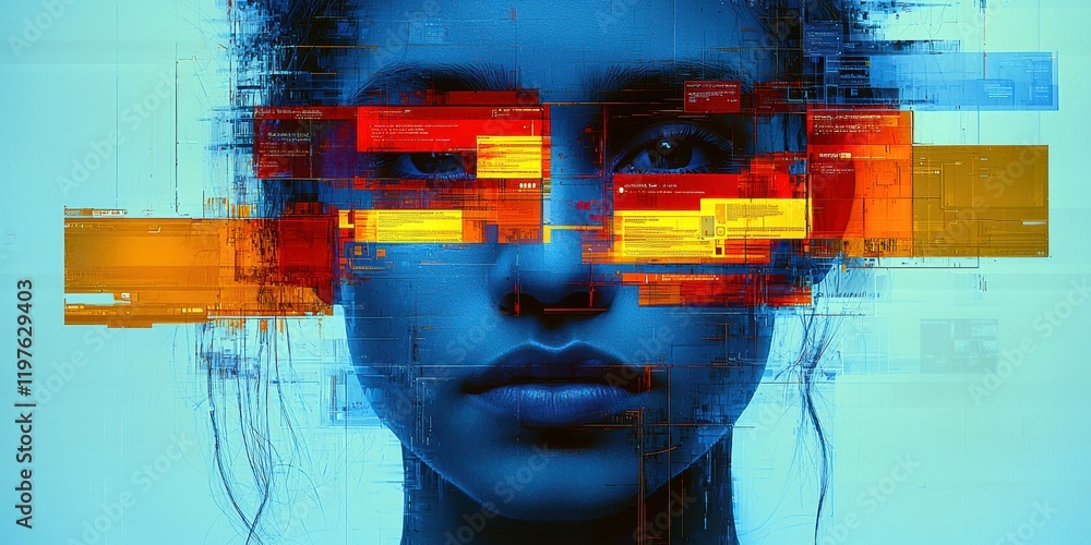 Poster a digital portrait of a woman with a futuristic overlay of colorful data patterns.