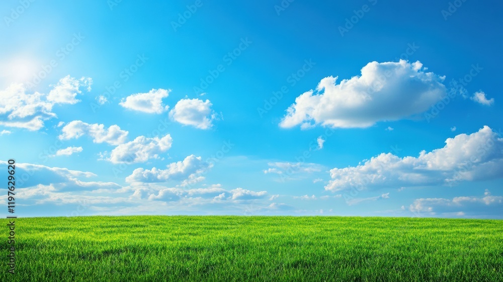 Aufkleber expansive green field under a bright blue sky with fluffy clouds on a sunny day. generative ai