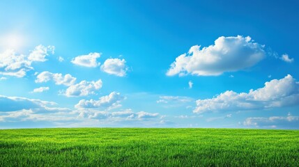 Fototapeta premium Expansive green field under a bright blue sky with fluffy clouds on a sunny day. Generative AI