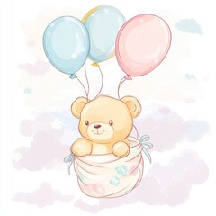 Cute teddy bear in a cloth basket is carried by balloons in a soft cloudy sky background, for baby decor