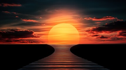 Obraz premium goal of life concept A vibrant sunset over the ocean, casting warm hues across the sky and reflecting on the water, creating a tranquil and serene atmosphere.