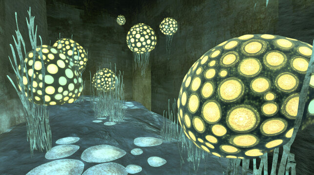 A surreal 3D environment of floating abstract islands, each textured with glowing organic patterns and suspended in a softly lit atmosphere 