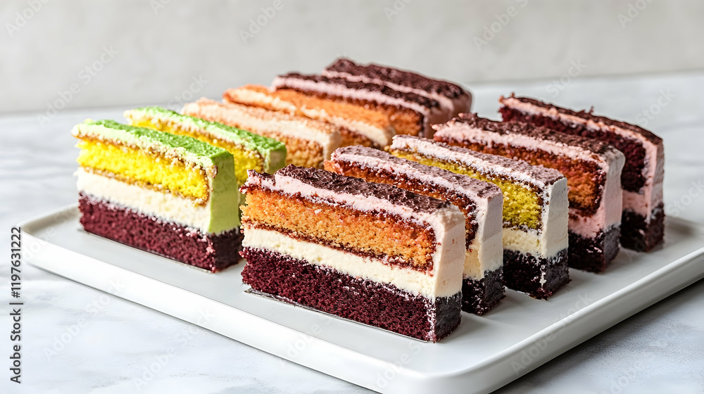 Poster a neat arrangement of colorful cake slices with distinct layers, displayed on a white ceramic tray w