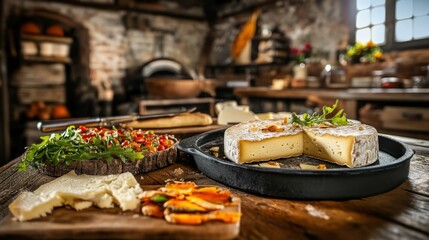 Obraz premium Rustic kitchen scene with cheese, arugula, and vegetables