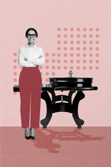 Vertical photo collage of happy girl folded hands casino table roulette table poker gambling game victory isolated on painted background