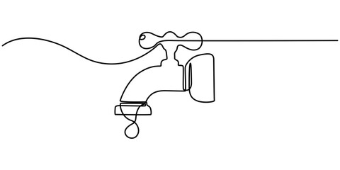 Water faucet with a drop of water one line drawn, Water Shortage Continuous Line Editable Stroke Line, Save water, World Water Day continuous single line art drawing and one line water drop outline.