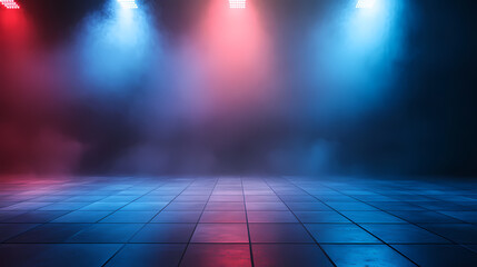 Abstract background, illuminated with blue and red light on the floor, with smoke in the dark room