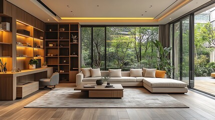 Obraz premium Modern living room featuring open shelves and sofa image