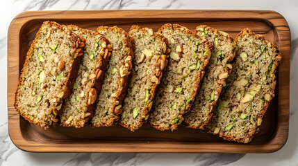 A rectangular wooden tray with neatly stacked slices of freshly baked zucchini bread with visible nuts and cinnamon