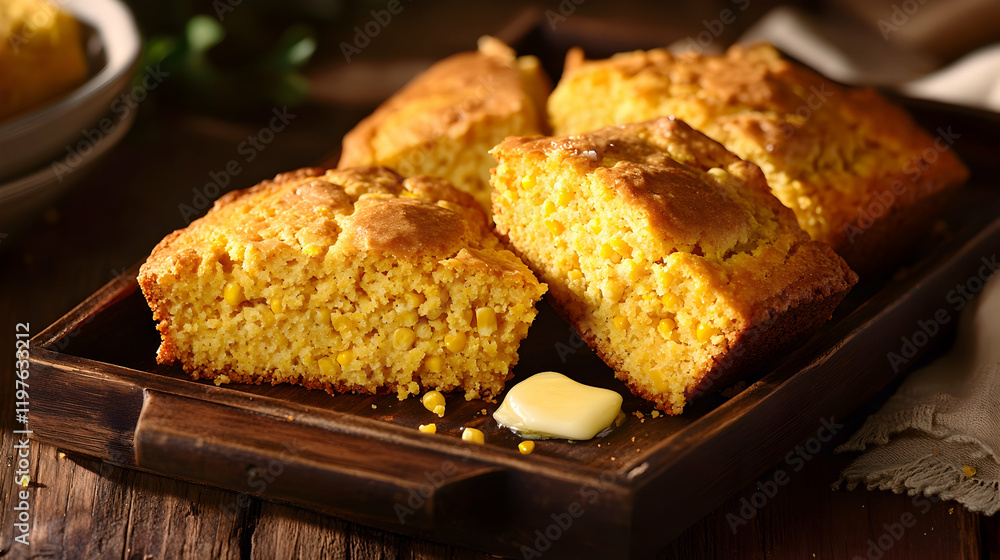 Poster a rustic tray holding slices of golden cornbread with visible kernels and a pat of melting butter