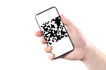 Female hand holding mobile smart phone with QR code isolated on white background.