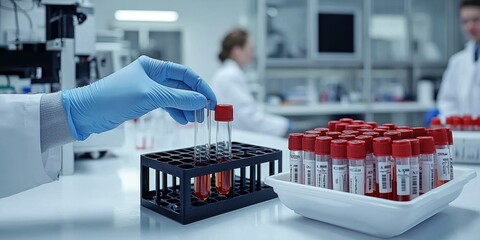 A researcher in a lab coat holds a blood sample in a clean laboratory setting.