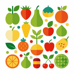 A large collection of simple, colorful fruit and vegetable icons is arranged in a grid