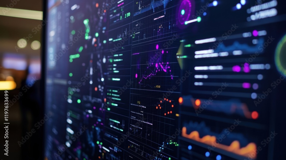 Poster a closeup of a sophisticated digital screen filled with various data visualizations including predic