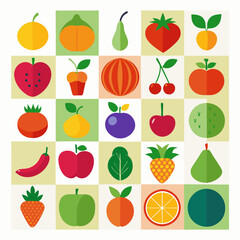 A large collection of simple, colorful fruit and vegetable icons is arranged in a grid with white background