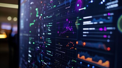 Naklejka premium A closeup of a sophisticated digital screen filled with various data visualizations including predictive maintenance schedules and output forecasts showcasing a network of AI insights.