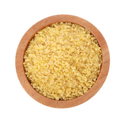 Raw bulgur in wooden bowl isolated on white, top view