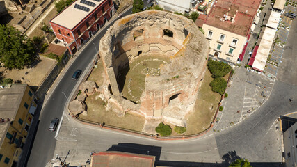 Aerial view of the temple of Venus located in the archaeological park of Baia, a hamlet of Bacoli,...
