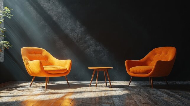 Sunlight streams into modern room with orange chairs & side table, ideal for therapy or conversation
