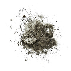 Obraz premium Dark gray mud splatter texture isolated on white background with small rocks and debris showing a grunge effect ideal for design elements and backgrounds