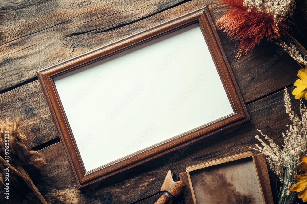 Poster Create your own masterpiece with this blank wooden frame surrounded by dried flowers and tools for crafting. Generative AI