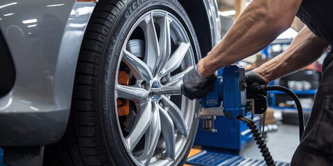 Mechanic Using Impact Wrench to Remove Car Wheel in Auto Repair Shop. A mechanic is using an electric impact wrench to remove a car wheel in a professional auto repair shop.