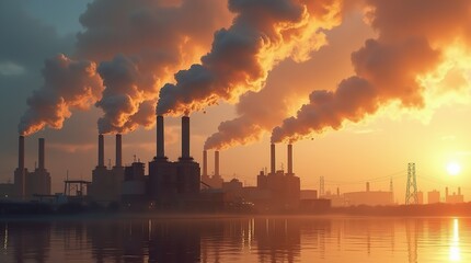Industrial Factory Emitting Smoke at Sunset Over Reflective Water Scene