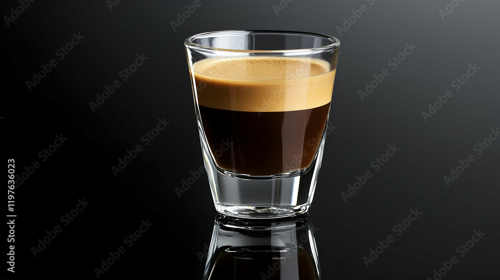 Poster a single espresso shot glass with rich crema, placed on a reflective black surface with no additiona