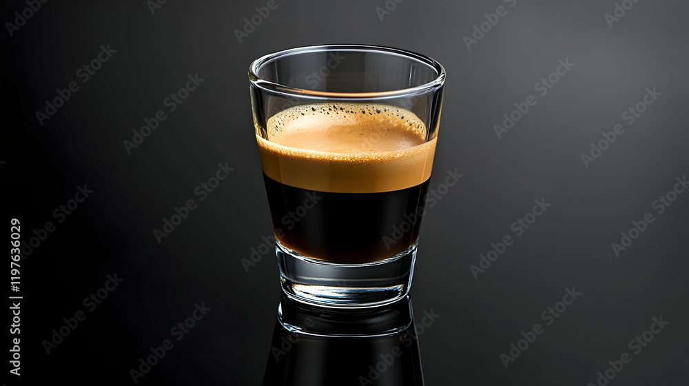 Poster a single espresso shot glass with rich crema, placed on a reflective black surface with no additiona