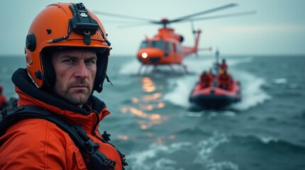Fototapeta premium Dramatic Sea Rescue Scene Featuring Close-Up of Rescue Worker and Helicopter Operations