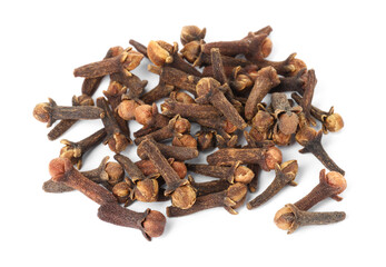 Pile of dry clove buds on white background. Aromatic spice