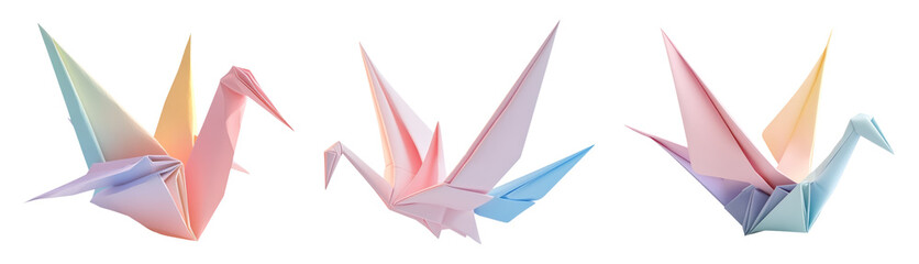Naklejka premium Colorful Origami Cranes in Various Poses on Transparent Background