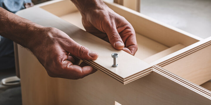 Assembling Flat Pack Furniture. Close-up of a man's hands assembling a piece of flat-pack furniture. He is carefully aligning a wooden panel with a pre-drilled hole. 